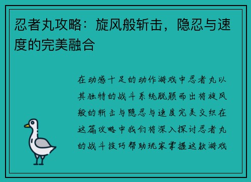 忍者丸攻略：旋风般斩击，隐忍与速度的完美融合