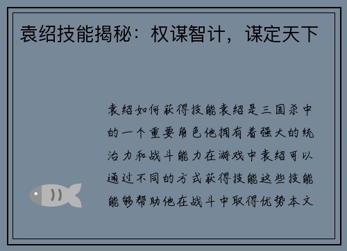 袁绍技能揭秘：权谋智计，谋定天下