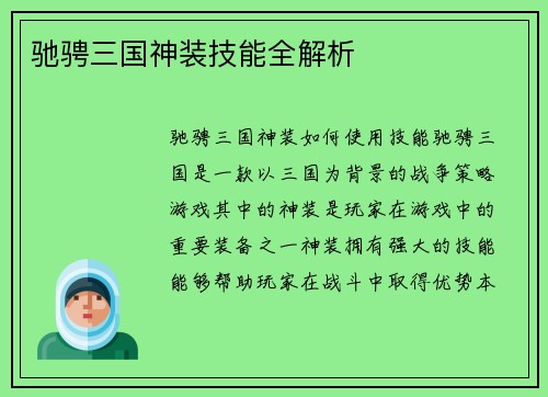 驰骋三国神装技能全解析